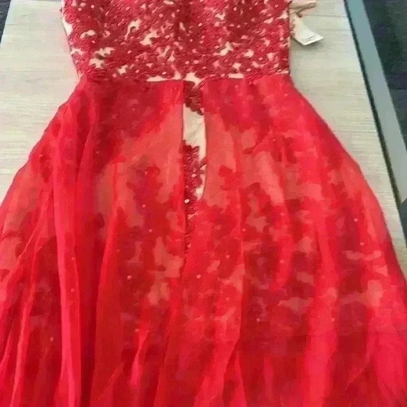 Red and Cream Floral Lace Halter Neck Evening Gown Prom Dress - Picture 13 of 17